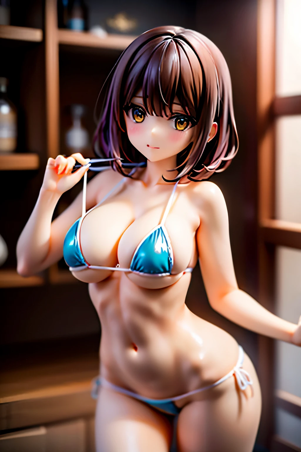 shiina kokomi,brown hair,yellow eyes,medium hair,big breasts,Bust 85 cm,Wedgie in the crotch,micro string bikini,open leg pose