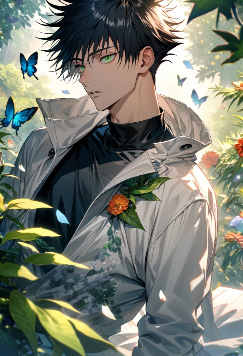 Ultra detailed, highres, absurdres, HDR, Fushiguro Megumi, black hair, green eyes, white long jacket, black shirt, Jujutsu Kaisen, green leaves, flowers and petals, summer, 1 man only, handsome, butterflies