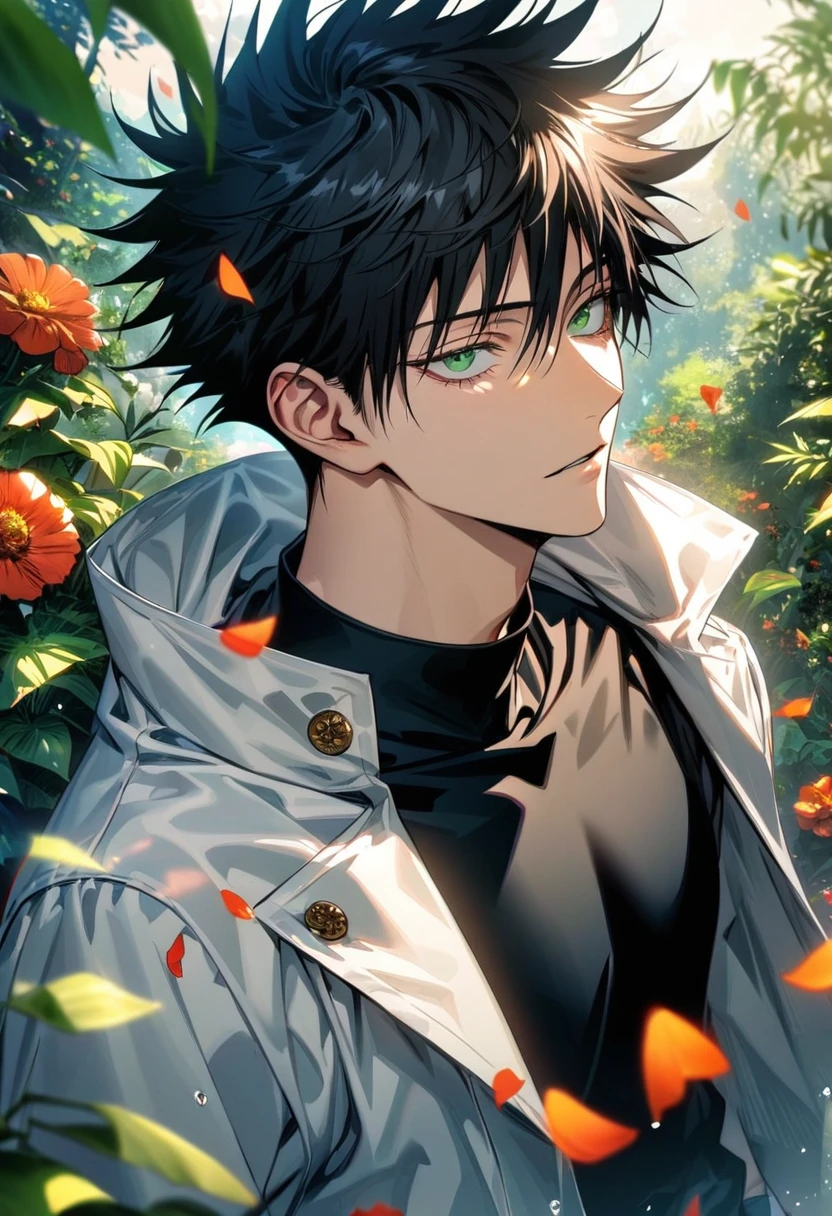 Ultra detailed, highres, absurdres, HDR, Fushiguro Megumi, black hair, green eyes, white long jacket, black shirt, Jujutsu Kaisen, green leaves, flowers and petals, summer, 1 man only, handsome, butterflies