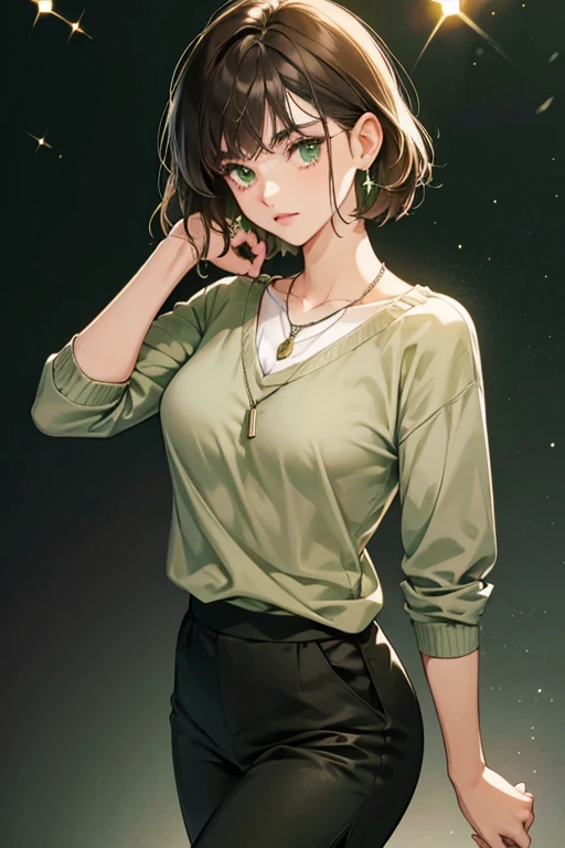 She has short, dark brown hair with a tinge of gray and wears a green sweater with a collared white undershirt and dark green capri's with the cuffs rolled up. She also wears black flats and a pendant necklace. SPARKLE; GLITTER