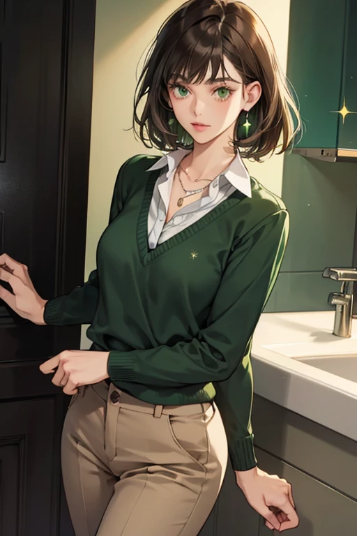 She has short, dark brown hair with a tinge of gray and wears a green sweater with a collared white undershirt and dark green capri's with the cuffs rolled up. She also wears black flats and a pendant necklace. SPARKLE; GLITTER