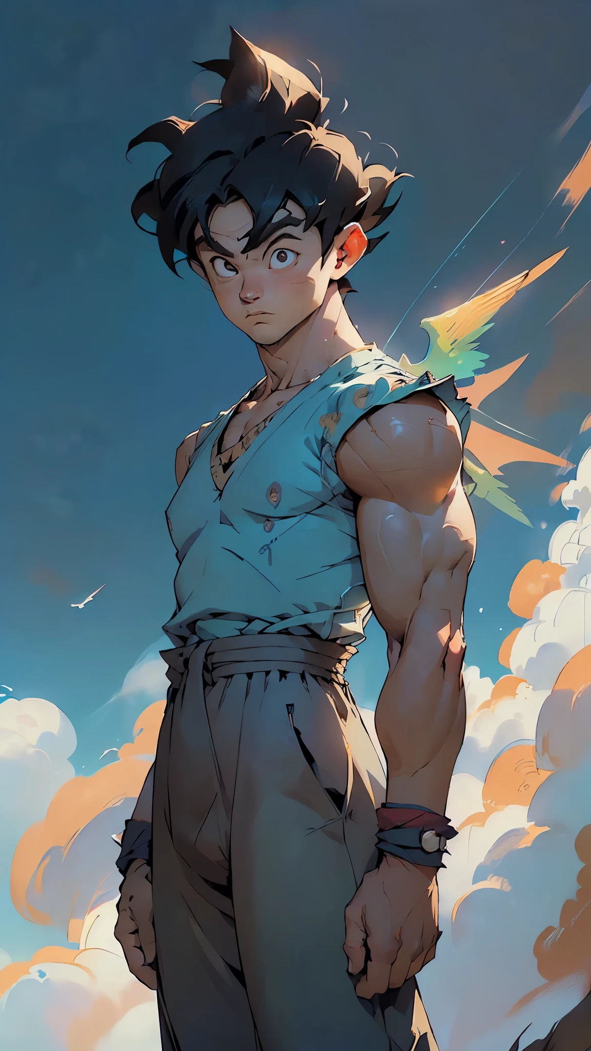 (((Son Goku))),((dragon ball,dragon ball z,young man,male,1boy,male focus,((muscular,muscular male)),(black hair,short hair,goku hair:1.5,spiked hair:1.3),(((black_eyes:1.3))),intricate eyes,beautiful detailed eyes,symmetrical eyes,big eyes:1.5, man:1.5,(male,muscle,1boy, 1 boy,pectoral,man chest,),young,((1male,1 male,1man,man,male gender:1.5)),((muscular body:1.4, broad shoulders:1.2, strong arms:1.2, thin waist, collarbone:1.5)),((((feathered wings,white wings,angel wings,wings,halo)))),
smile,
collarbone,((dougi,orange dougi)),(orange pants,pants,pants tucked in,(bulge on pants)),(sash,blue sash,martial arts belt),(blue shirt,blue shirt under dougi,blue undershirt),(blue wristband),((oranga and dark blue clothing:1.2, orange tunic, dark blue undershirt, orange pants)),
((outdoors:1.2, fluffy clouds, sky blue scenery:1.5, sky background:1.4, flying nimbus:1.2)),
((standing:1.2, waving arm:1.1, on top small yellow cloud:1.4, on top flying nimbus)),
(dynamic pose:1.0),serious and thoughtful,man embarrassed,(centered,scale to fit dimensions,Rule of thirds),
((outdoors:1.2, fluffy clouds, sky blue scenery:1.5, sky background:1.4, flying nimbus:1.2)),((floating in the clouds, sky and clouds background)),scenery:1.25,((intricate scenery)),
(Glossy holy ornaments),highres,sharp focus,(ultra detailed,extremely detailed),(photorealistic artwork:1.37),(extremely detailed CG unity 8k wallpaper),(((vibrant colors,vibrant theme))),(intricate),(masterpiece),(best quality),artistic photography,(photography taken by sldr),(intricate background),perfect rendered face,perfect face details,realistic face,photo realistic,((intricate detail)),(((realism))),