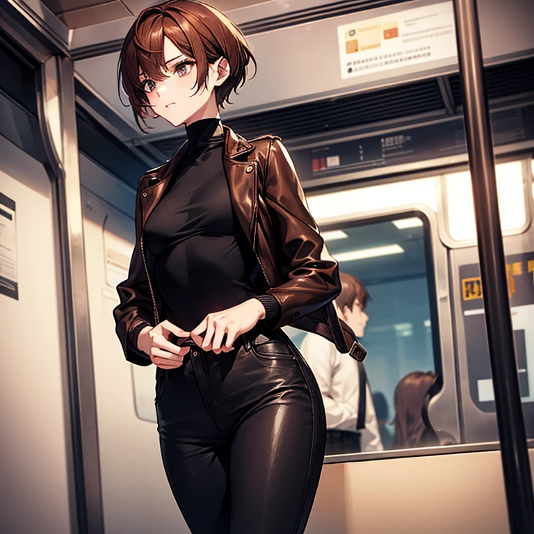 masterpiece、delicate details、adult woman、Sophisticated、On a city train、Slender beauty、delicate、body like a model、Knitwear with a high neck、leather jacket、riders jacket、Low rise skinny pants、tall、I like the style、small breasts、Sharp Eyes、cool beauty、older sister、pixie cut、The hair ends are trimmed、short nape、Thick-soled boots、Reddish brown hair、Translucency