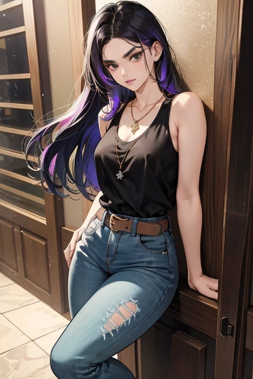 Yana is a fair-skinned woman of normal physical stature with neck-length black hair that has purple highlights strewn throughout where it is swept to the right, black eyes, very thick eyebrows and a white snowflake tattoo on her left arm.
She is seen wearing a white tank top, dark green jeans, a gold locket necklace, a black belt and black boots. SPARKLE; GLITTER