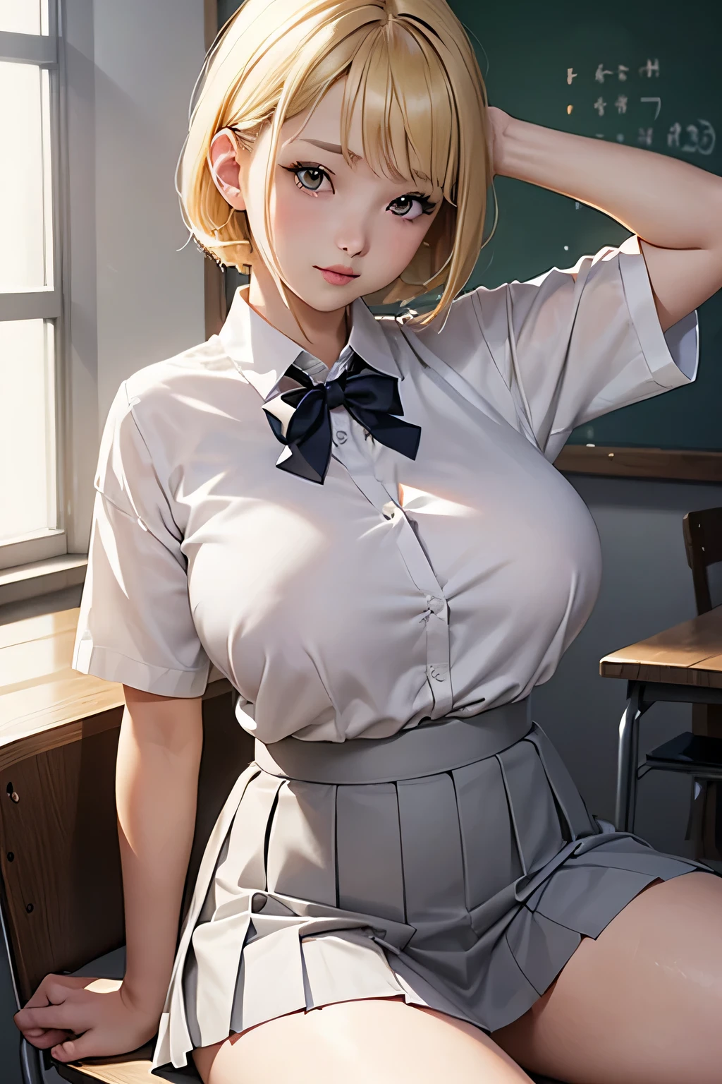 kitagawa marin,neat blouse,white blouse,in the classroom,pleated skirt,short skirt,high school girl,18 years old,blonde hair,(large breast:1.8),show armpit,spread legs,raise up legs,(best quality)),((masterpiece)), (detailed), perfect face,reflective skin
