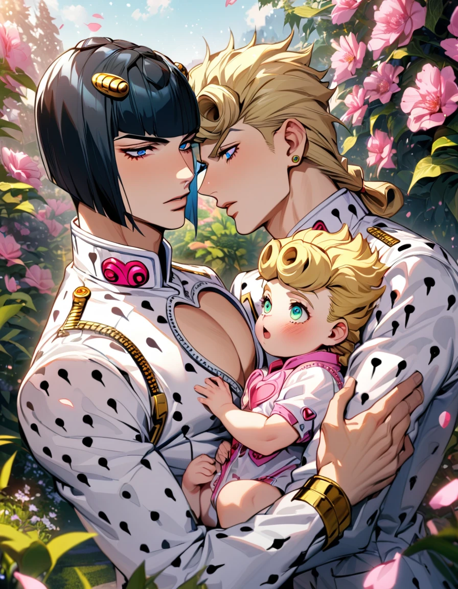 absurdres, highres, ultra detailed, HDR, masterpiece, Giorno Giovanna, blond hair, expressive green eyes, jojo bizarre adventure, Bruno Bucciarati, black hair, expressive blue eyes, 2men together, holding a baby, gay couple, handsome, garden, snow pink petals, pink flowers, pink butterflies