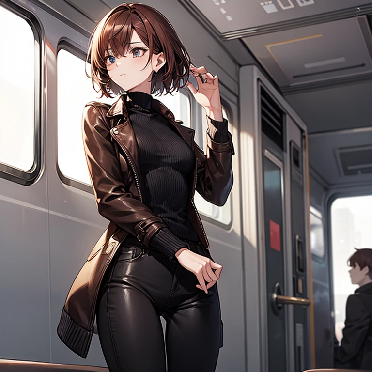 masterpiece、delicate details、adult woman、Sophisticated、On a city train、Slender beauty、delicate、body like a model、Knitwear with a high neck、leather jacket、riders jacket、Low rise skinny pants、tall、I like the style、small breasts、Sharp Eyes、cool beauty、older sister、pixie cut、The hair ends are trimmed、short nape、Hair with reduced volume、Thick-soled boots、Reddish brown hair、I'm embarrassed、