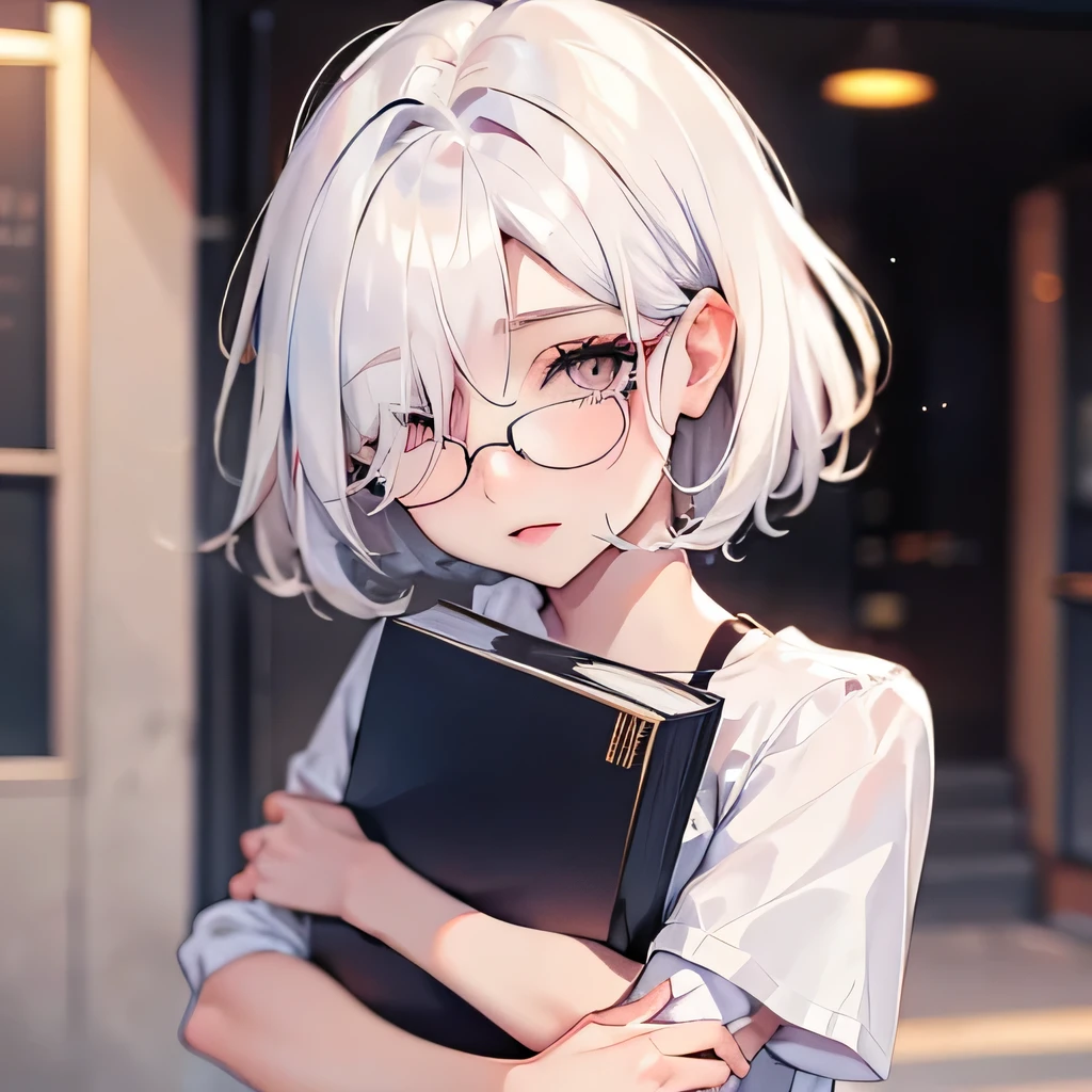 Girly girl, round glasses, white shirt, face close-up, white hair, light white eyes, pure, short hair, (Hair Over One Eye), smart, pencil, hugging her books, pixie haircut