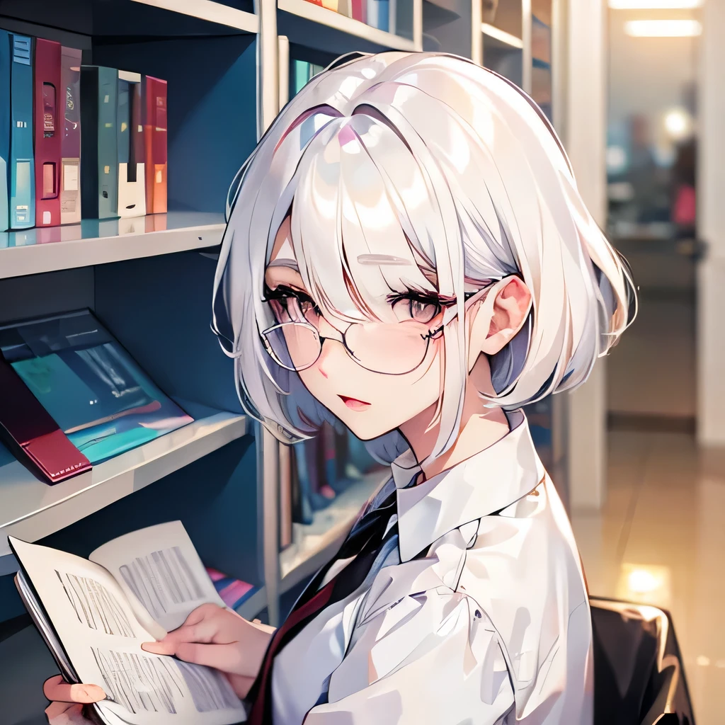 Girly girl, round glasses, white shirt, face close-up, white hair, light white eyes, pure, short hair, (Hair Over One Eye), smart, pencil, hugging her books, pixie haircut