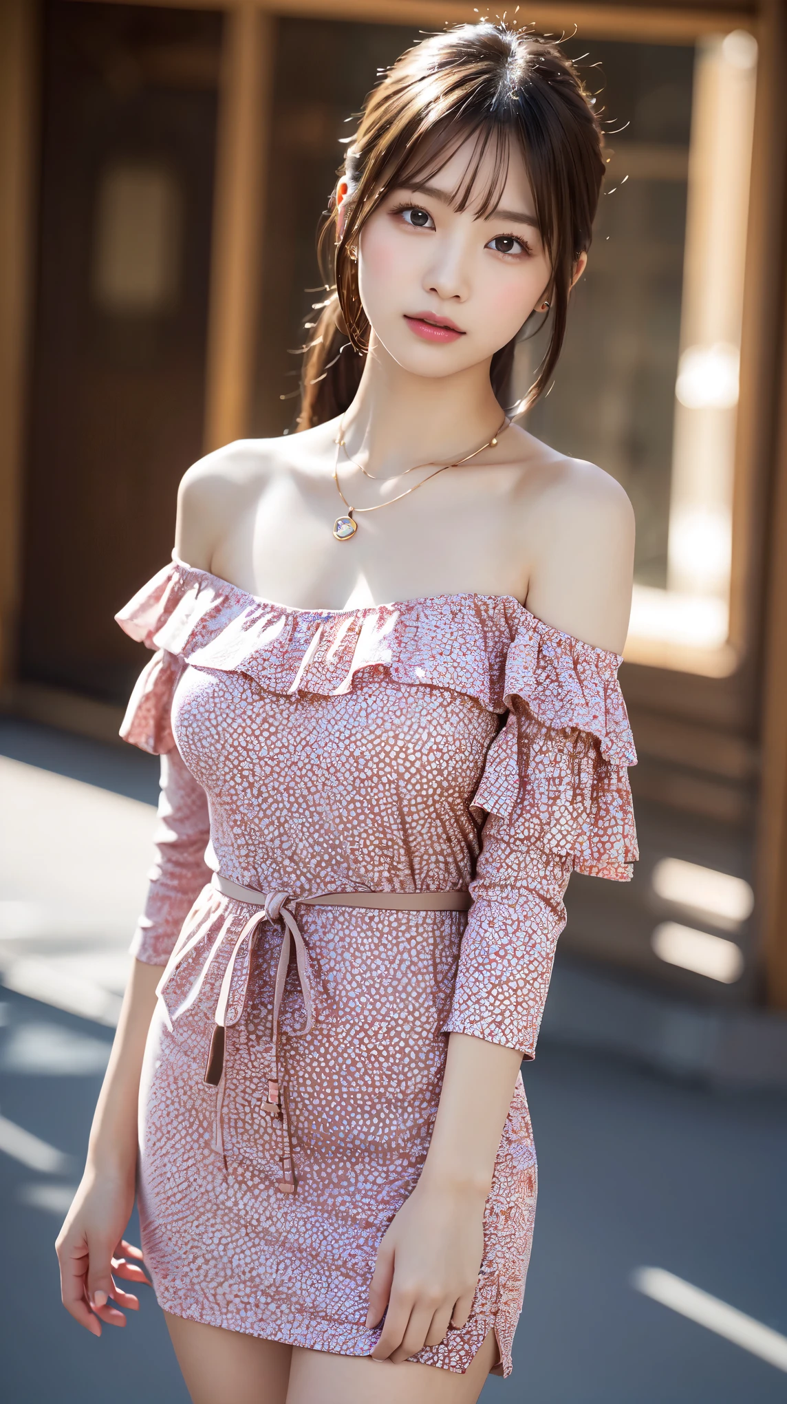 body、Full body Esbian、look forward、Very small waist、(very big breasts:1.3)、ponytail、plump thighs、natural skin、Extra-fine face、 extra thin hands, Very thin fingers, Best ratio、surreal, ((cute dress、Exposing too much skin、off shoulder、The length is short and the thighs are visible))、cheeks turn red、body covered in 、Cross Necklace、((18 year old female:1.2))、young adorable japanese face, official art,Highly detailed CG Unity 8K wallpaper,(masterpiece:1.0),(highest quality:1.0), 超A high resolution,4k,Super detailed, photo shoot, 8K, nffsw, High resolution, kodak portrait 400, film grain, lens flare glow,高いest quality,8K,nffsw:1.2),portrait shot,8K、View viewer
