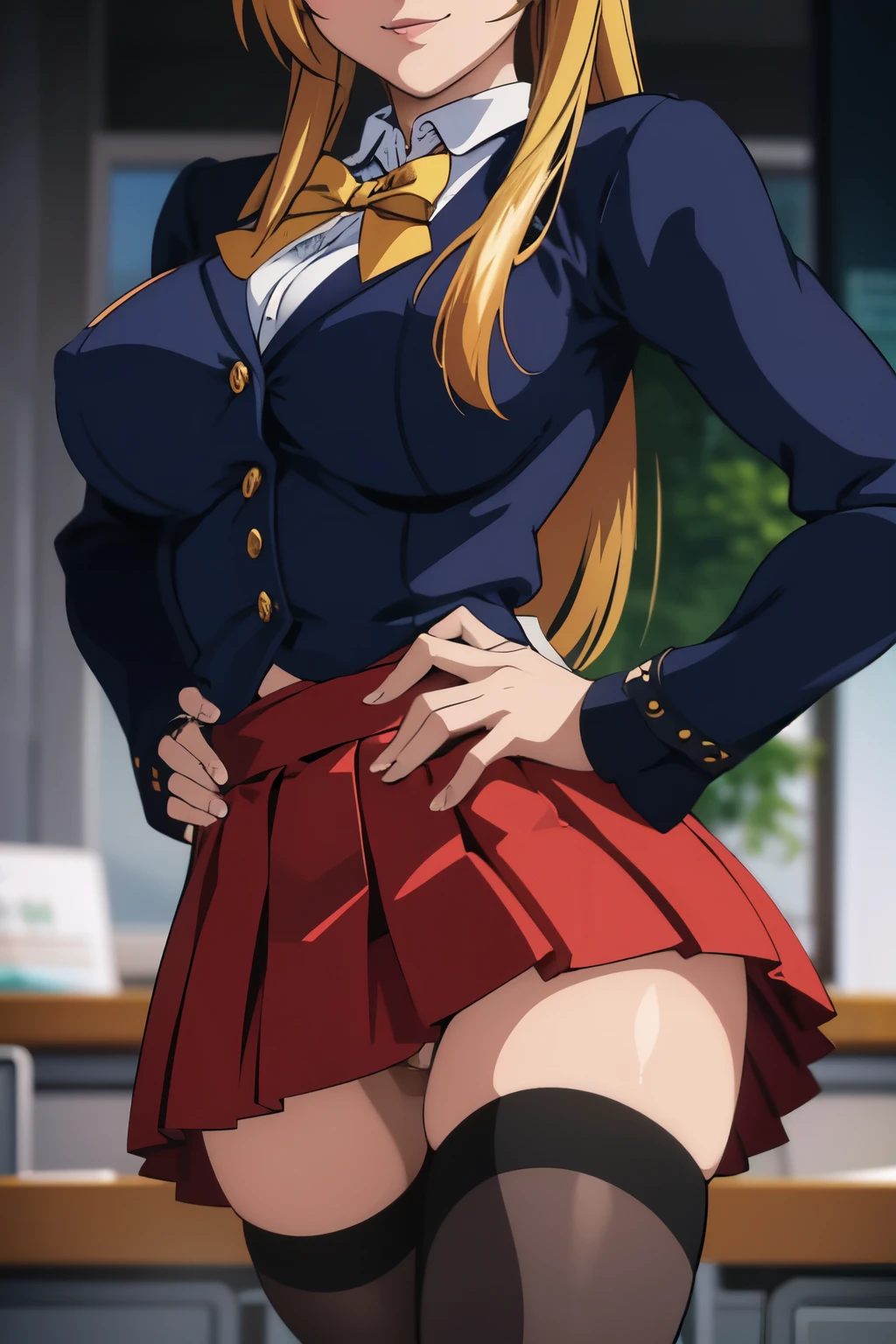 masterpiece, best quality, highres, 1girl kaori saeki, NSFW, sensual scene, exposed breasts, skin tight red skirt, black thigh high stockings, classroom, cowboy shot, horny, looking at viewer, focus solo, excited grin,