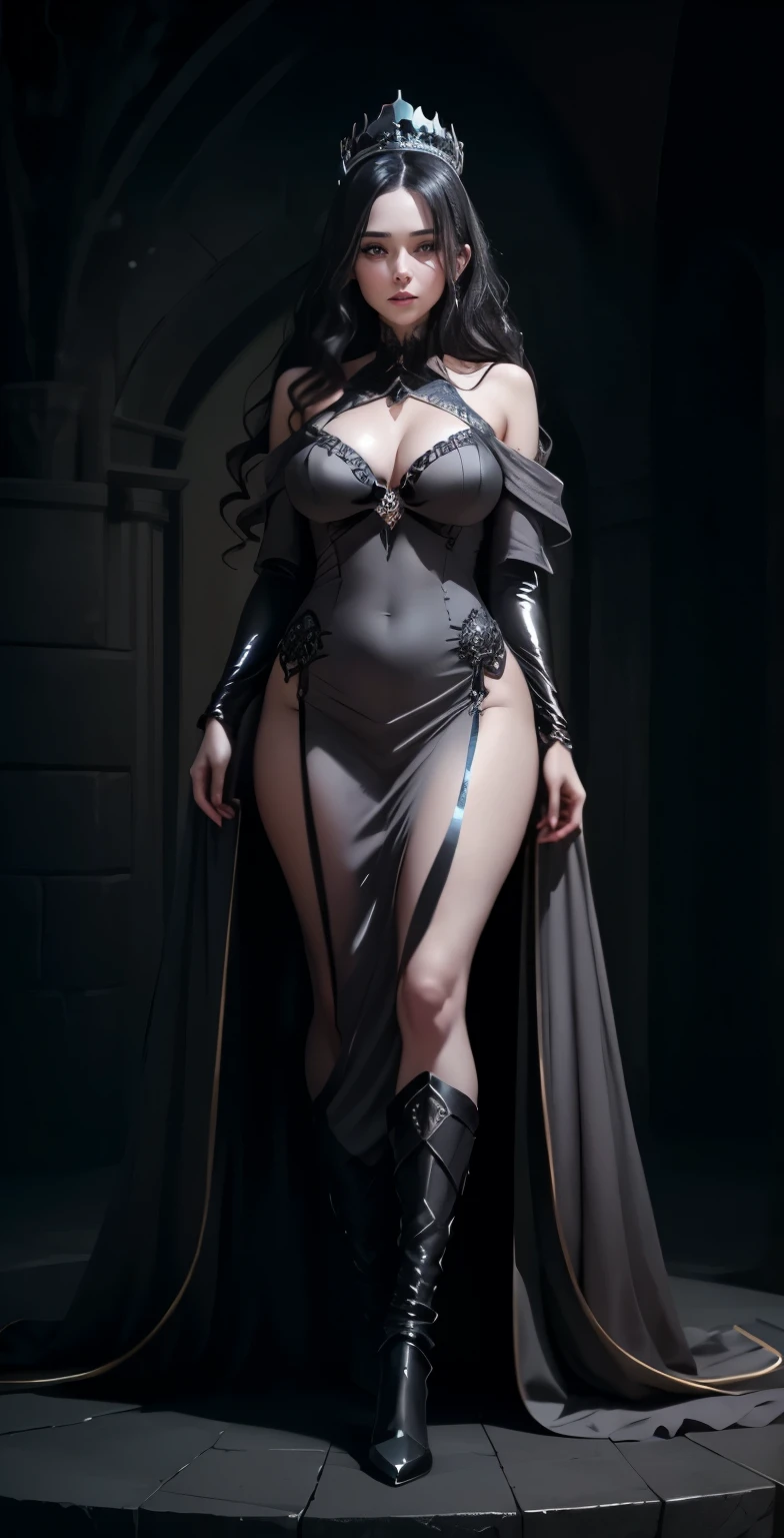 a woman in a black dress and a crown posing for a picture, ((shiny grey skin)), wavy dark hair, cinematic goddess body shot, fantasy pale black outfit, sexy revealing bikini outfit, in a dark stone place, nsfw