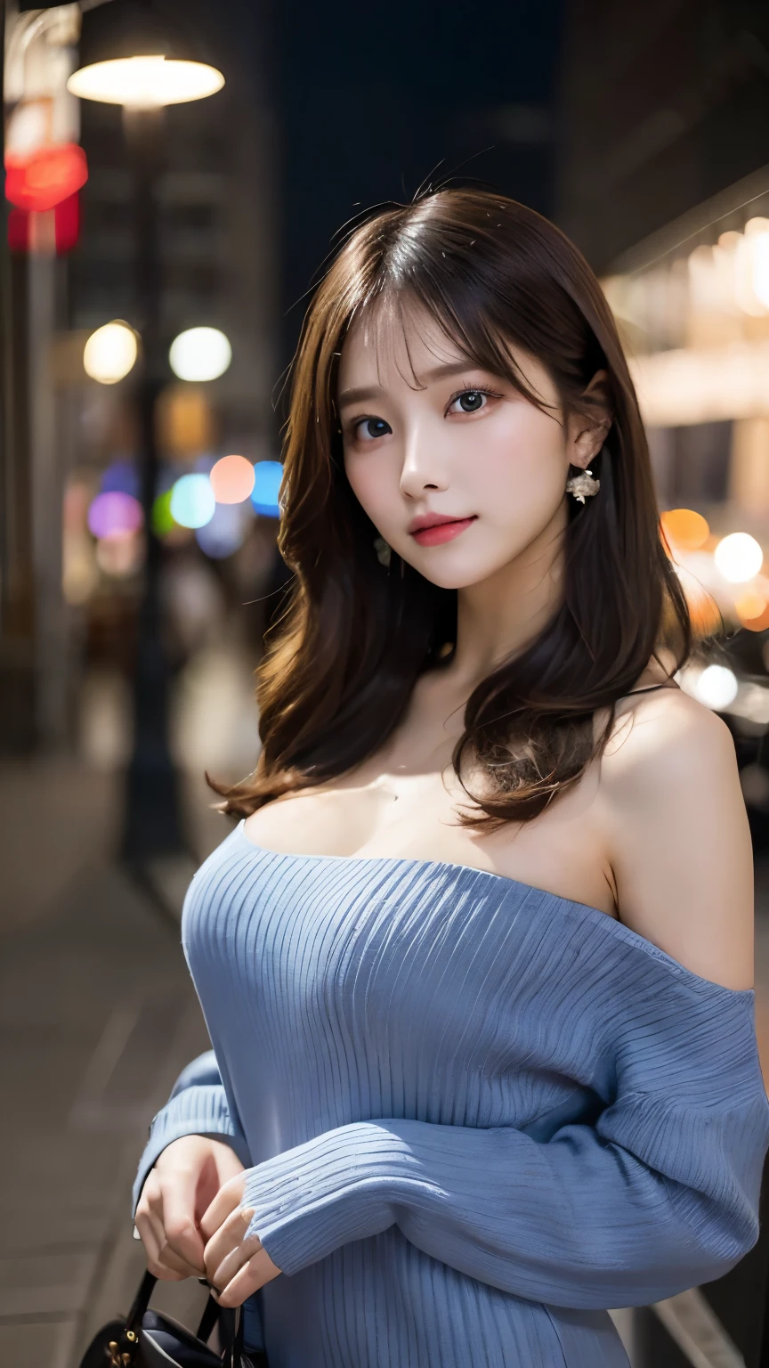 （masterpiece、high resolution、high quality、ultra high resolution、Delicate、8k）1 female、cowboy shot、brown hair、long hair、curly hair、clear eyes、dense lips、shiny skin、slim、slender、Blue tight knit dress、beautiful breasts、roof of the building、night、full moon、night景、Light