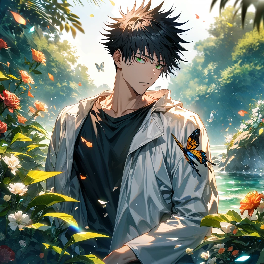 Ultra detailed, highres, absurdres, HDR, Fushiguro Megumi, black hair, green eyes, white long jacket, black shirt, Jujutsu Kaisen, green leaves, flowers and petals, summer, 1 man only, handsome, butterflies