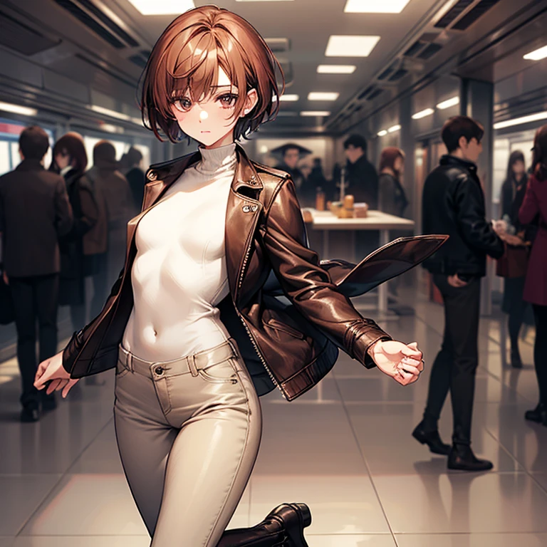 masterpiece、delicate details、adult woman、Sophisticated、On a city train、Slender beauty、delicate、body like a model、Knitwear with a high neck、leather jacket、riders jacket、Low rise skinny pants、tall、I like the style、small breasts、Sharp Eyes、cool beauty、older sister、pixie cut、The hair ends are trimmed、short nape、Hair with reduced volume、Thick-soled boots、Reddish brown hair、I'm embarrassed、