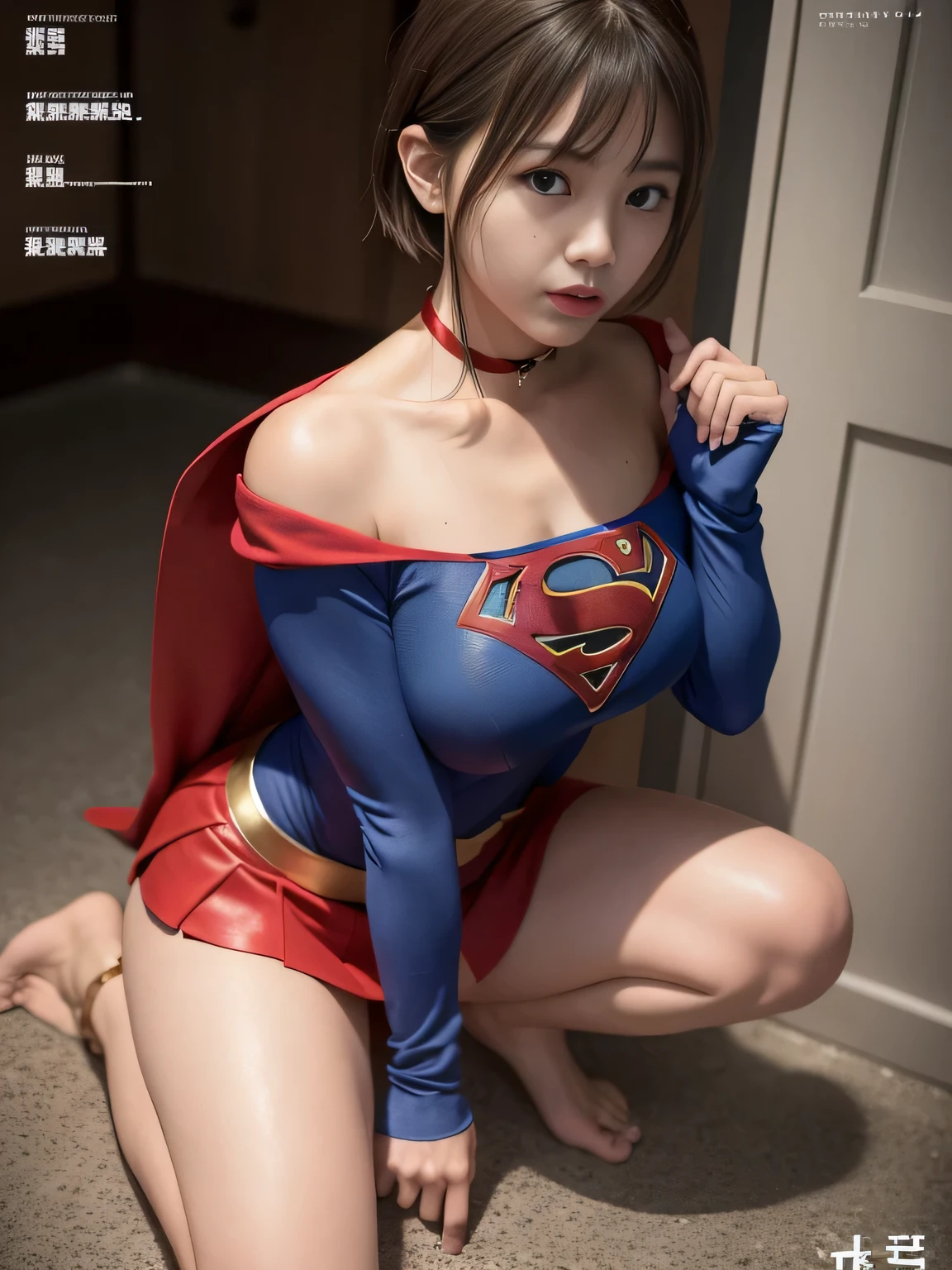masterpiece、supergirl costume、short hair、barefoot、big and full breasts、test subject、Laboratory、lock restraint、Crisis situation、straddle、sweaty、shiny、long sleeve、look at the camera、sense of abuse、Estrus、choker、Weekly magazine cover、red mini skirt、humiliating、seductive pose、humiliating、Glamorous、off shoulder、model body shape、Oily Skin、charm、charming、abused、Human experimentation、victim、