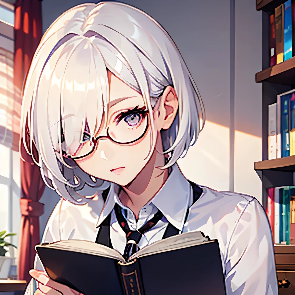 Girly girl, round glasses, white shirt, face close-up, white hair, light white eyes, pure, short hair, (Hair Over One Eye), smart, pencil, hugging her books, pixie haircut 