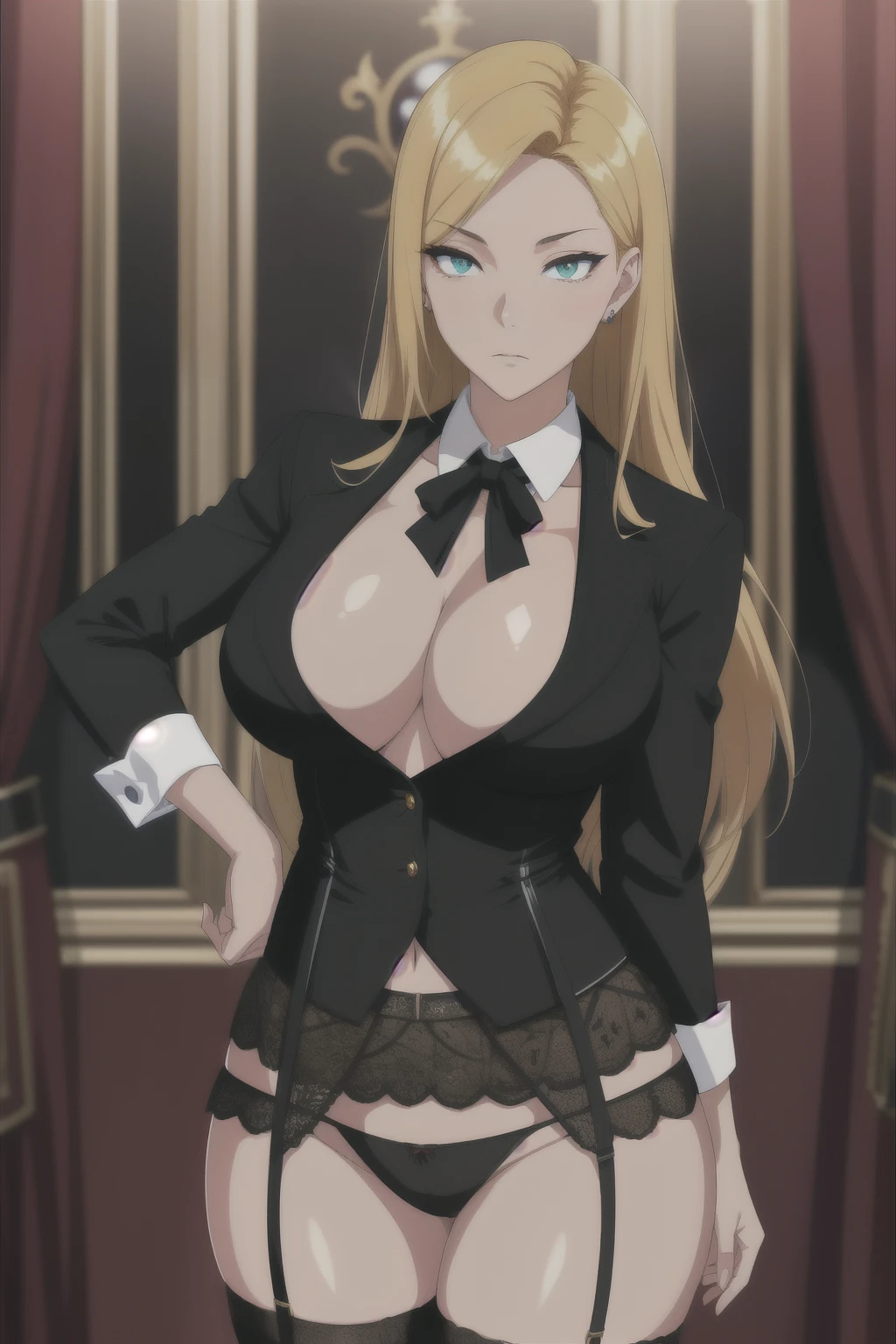 (tmasterpiece,A high resolution,best qualtiy:1.2),8K,highly detailed,complex,rich colourful,vibrant image,Clear focus,cinematic ligh) blond hairbl,long whitr hair,Green eyes,body builder (Wear black business attire,black_Collared shirt cropped jacket,tiese,tiese,Black frilled skirt,a garter belt,Leather belt) (Large, Perfect round breasts,Hourglass body,Big breasts Thin waist,Very thin waist, photograph realistic,(hyper realisitc:1)big breasts beautiful, tmasterpiece,Best quality at best,extremelydetailedface,s the perfect face,beauitful face,Perfect lighting,Detailed eye makeup,Details of the face,Nice detail eyes,pretty hand,perfect hand,glowing light eyes(realistic pupil,Realistic iris:1)Heavy eye makeup,(empty Casino)(Posing dynamically)Panties, underwear, Suspenders