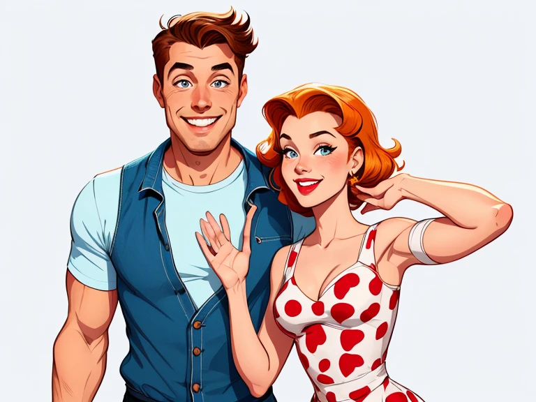 Happy man and woman couple with beautiful smile Cartoon style digital illustration white background PIN UP style 40s clothes on the couple