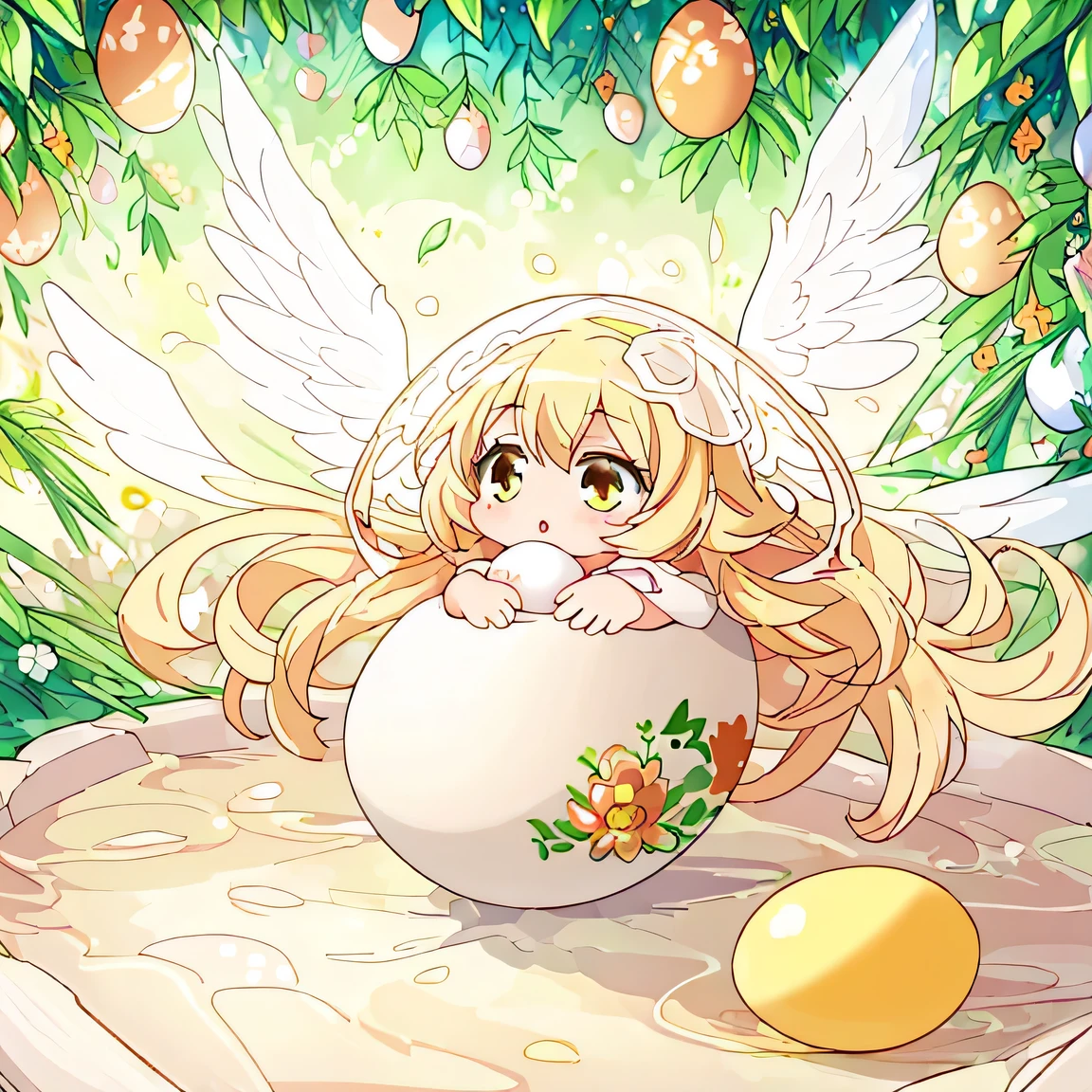 ((masterpiece))), ((best quality)), (ultra-detailed), ((kawaii)), cute, (lovely), (((An angel being born from an egg))), (((eggshell))), breaking, hatching, angel, birth, moment, mysterious, anime style, illustration, ethereal, magical, divine, celestial beings, wings, glowing, fantasy, light, wonder, enchanting, ethereal, anime girl, celestial, heavenly, awe-inspiring, divine intervention, ((emerging from an eggshell broken from the inside)).