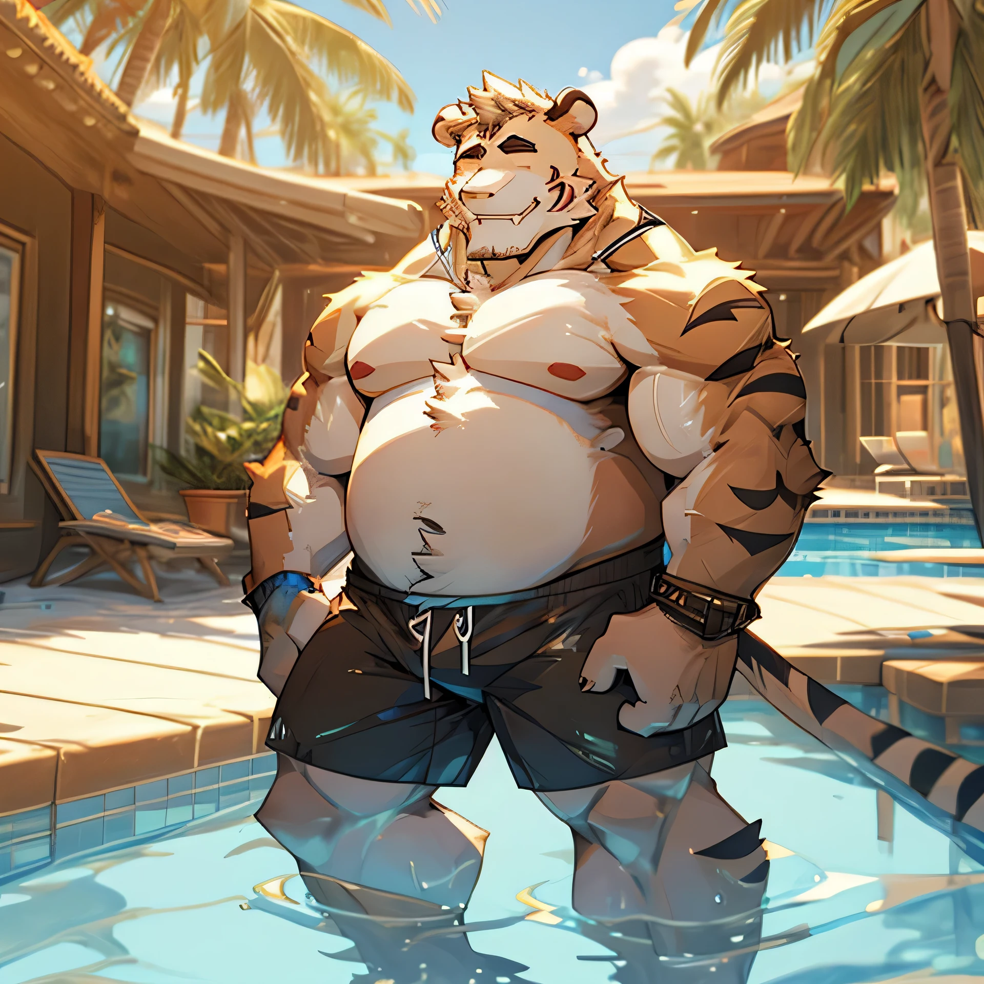 smile, short hair, brown hair, swimsuit, ass, gray hair, bikini, outdoors, barefoot, water, from behind, tree, kneeling, muscular, facial hair, beach, soles, muscular man, beard, bulge, topless man, hands on waist, chubby, palm tree, swimming pool, fat, male swimsuit, fat man, swim trunks, swim briefs, thick arms, beach chair