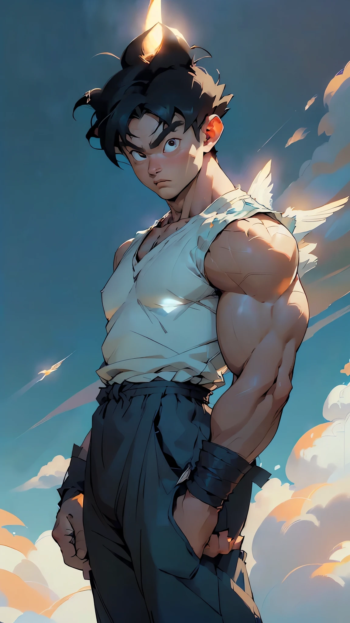 (((Son Goku))),((dragon ball,dragon ball z,young man,male,1boy,male focus,((muscular,muscular male)),(black hair,short hair,goku hair:1.5,spiked hair:1.3),(((black_eyes:1.3))),intricate eyes,beautiful detailed eyes,symmetrical eyes,big eyes:1.5, man:1.5,(male,muscle,1boy, 1 boy,pectoral,man chest,),young,((1male,1 male,1man,man,male gender:1.5)),((muscular body:1.4, broad shoulders:1.2, strong arms:1.2, thin waist, collarbone:1.5)),((((feathered wings,white wings,angel wings,wings,halo)))),
smile,
collarbone,((dougi,orange dougi)),(orange pants,pants,pants tucked in,(bulge on pants)),(sash,blue sash,martial arts belt),(blue shirt,blue shirt under dougi,blue undershirt),(blue wristband),((oranga and dark blue clothing:1.2, orange tunic, dark blue undershirt, orange pants)),
((outdoors:1.2, fluffy clouds, sky blue scenery:1.5, sky background:1.4, flying nimbus:1.2)),
((standing:1.2, waving arm:1.1, on top small yellow cloud:1.4, on top flying nimbus)),
(dynamic pose:1.0),serious and thoughtful,man embarrassed,(centered,scale to fit dimensions,Rule of thirds),
((outdoors:1.2, fluffy clouds, sky blue scenery:1.5, sky background:1.4, flying nimbus:1.2)),((floating in the clouds, sky and clouds background)),scenery:1.25,((intricate scenery)),
(Glossy holy ornaments),highres,sharp focus,(ultra detailed,extremely detailed),(photorealistic artwork:1.37),(extremely detailed CG unity 8k wallpaper),(((vibrant colors,vibrant theme))),(intricate),(masterpiece),(best quality),artistic photography,(photography taken by sldr),(intricate background),perfect rendered face,perfect face details,realistic face,photo realistic,((intricate detail)),(((realism))),
