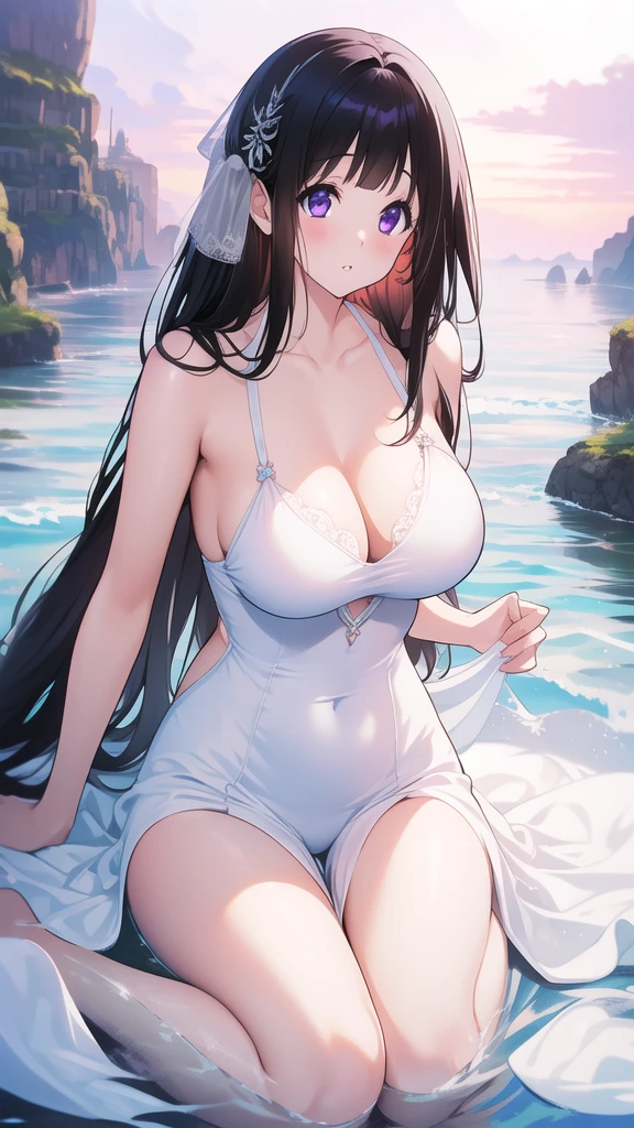 Stunning Chitanda, There is only one beautiful girl,purple eyes, black hair, Naturally straight hair, straight bangs,extremely refined,lips open,Face is very red,Very white skin,eyes are big,flowing long hair,Peerless beautiful girl, dreamlike,Slim,soft, (Sensual), (kawaii), Dream quality,Almost naked,white dress,Big breasts,sexy pose,seaside,A lot of foam,bare shoulders,Clavicle exposed,Bare neck,Bare thighs,Exposing the groin,camel toe,bare legs,barefoot,extremely shy,ultra high resolution, (masterpiece:1.2, best quality), (Exquisite and beautiful eyes: 1.2), (Beautiful and delicate face)