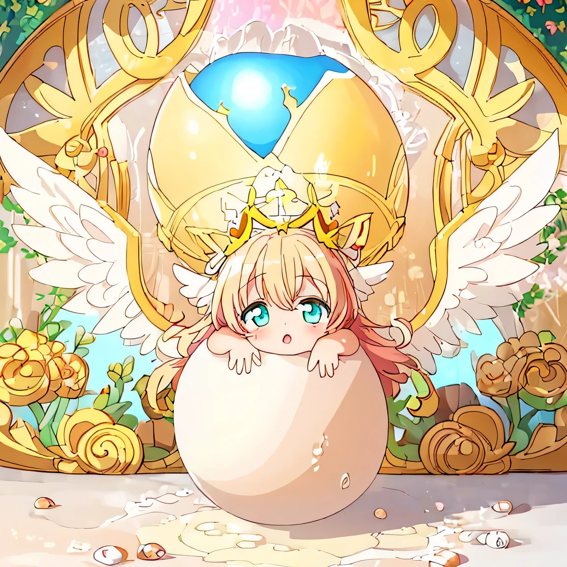 ((masterpiece))), ((best quality)), (ultra-detailed), ((kawaii)), cute, (lovely), (((An angel being born from an egg))), (((eggshell))), breaking, hatching, angel, birth, moment, mysterious, anime style, illustration, ethereal, magical, divine, celestial beings, wings, glowing, fantasy, light, wonder, enchanting, ethereal, anime girl, celestial, heavenly, awe-inspiring, divine intervention, ((emerging from an eggshell broken from the inside)).