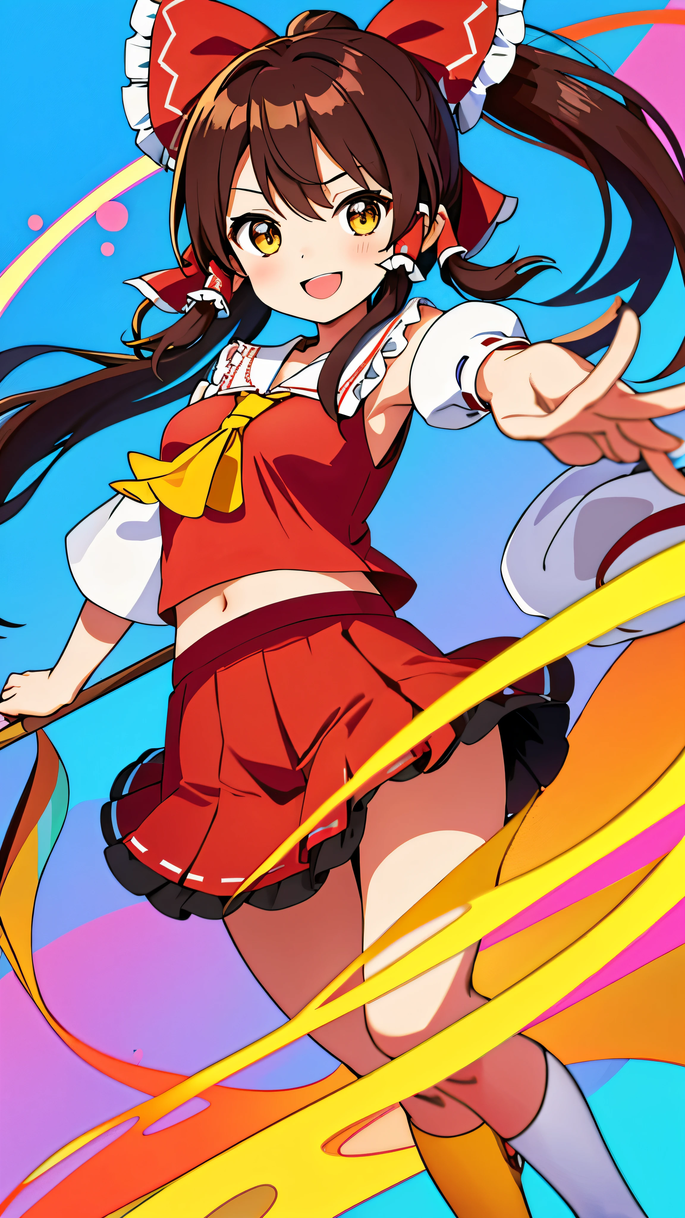 masterpiece, highest quality, SFW, colorful, 1 girl, solo, Hakurei Reimu, brown hair, brown eyes, long flowing hair with hair tubes,  figure with small breasts, abstract background, blue background emphasizing her radiant smile, pink background adding a pop of color, yellow background creating a sunny atmosphere, polka dot background bringing a playful touch, (halftone for a textured effect)