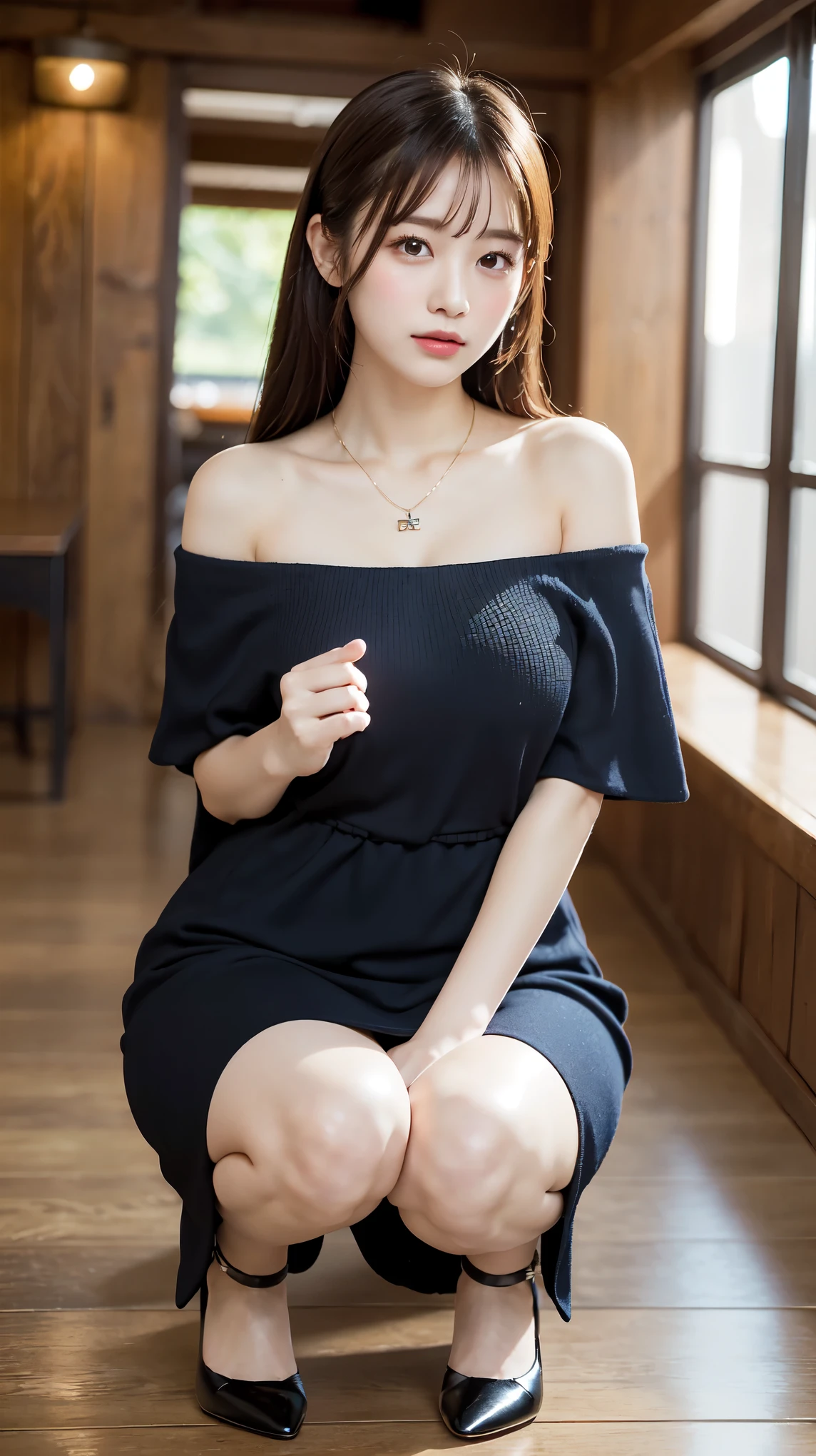 body、Full body Esbian、squat、Very small waist、(very big breasts:1.3)、ponytail、plump thighs、natural skin、Extra-fine face、 extra thin hands, Very thin fingers, Best ratio、surreal, ((cute dress、Exposing too much skin、off shoulder、The length is short and the thighs are visible))、cheeks turn red、body covered in 、Cross Necklace、((18 year old female:1.2))、young adorable japanese face, official art,Highly detailed CG Unity 8K wallpaper,(masterpiece:1.0),(highest quality:1.0), 超A high resolution,4k,Super detailed, photo shoot, 8K, nffsw, High resolution, kodak portrait 400, film grain, lens flare glow,高いest quality,8K,nffsw:1.2),portrait shot,8K、View viewer