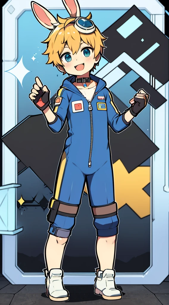 Shota，One-piece mountaineering suit，slender figure，goggles，fingerless gloves，stood up，Rabbit ears，Sailor collar，happy，zipper