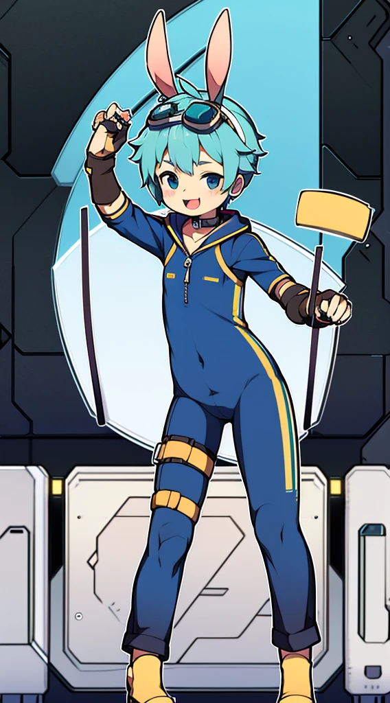 Shota，One-piece mountaineering suit，slender figure，goggles，fingerless gloves，stood up，Rabbit ears，Sailor collar，happy，zipper