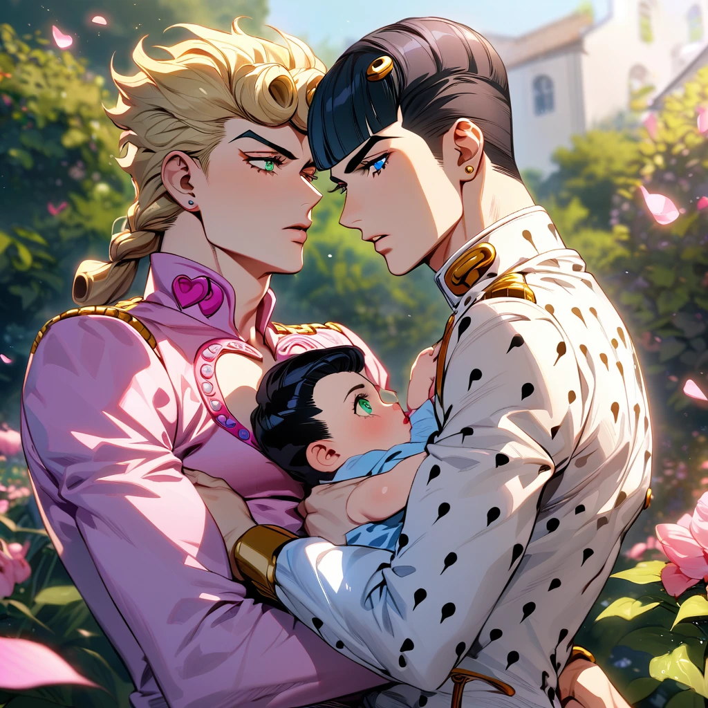 absurdres, highres, ultra detailed, HDR, masterpiece, Giorno Giovanna, blond hair, expressive green eyes, jojo bizarre adventure, Bruno Bucciarati, black hair, expressive blue eyes, 2men together, holding a baby, gay couple, handsome, garden, pink petals, pink flowers, pink butterflies