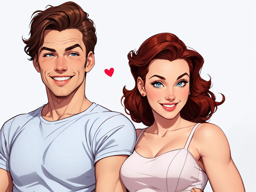 Happy man and woman couple with beautiful smile Cartoon style digital illustration white background PIN UP style 40s clothes on the couple