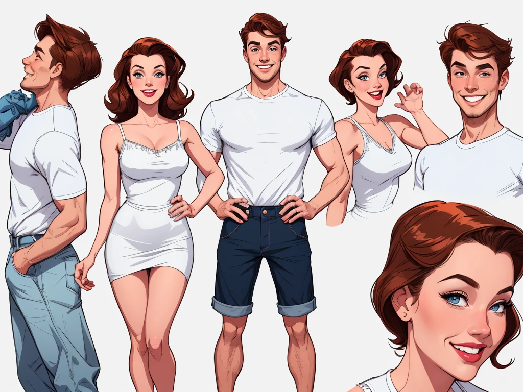 Happy man and woman couple with beautiful smile Cartoon style digital illustration white background PIN UP style 40s clothes on the couple