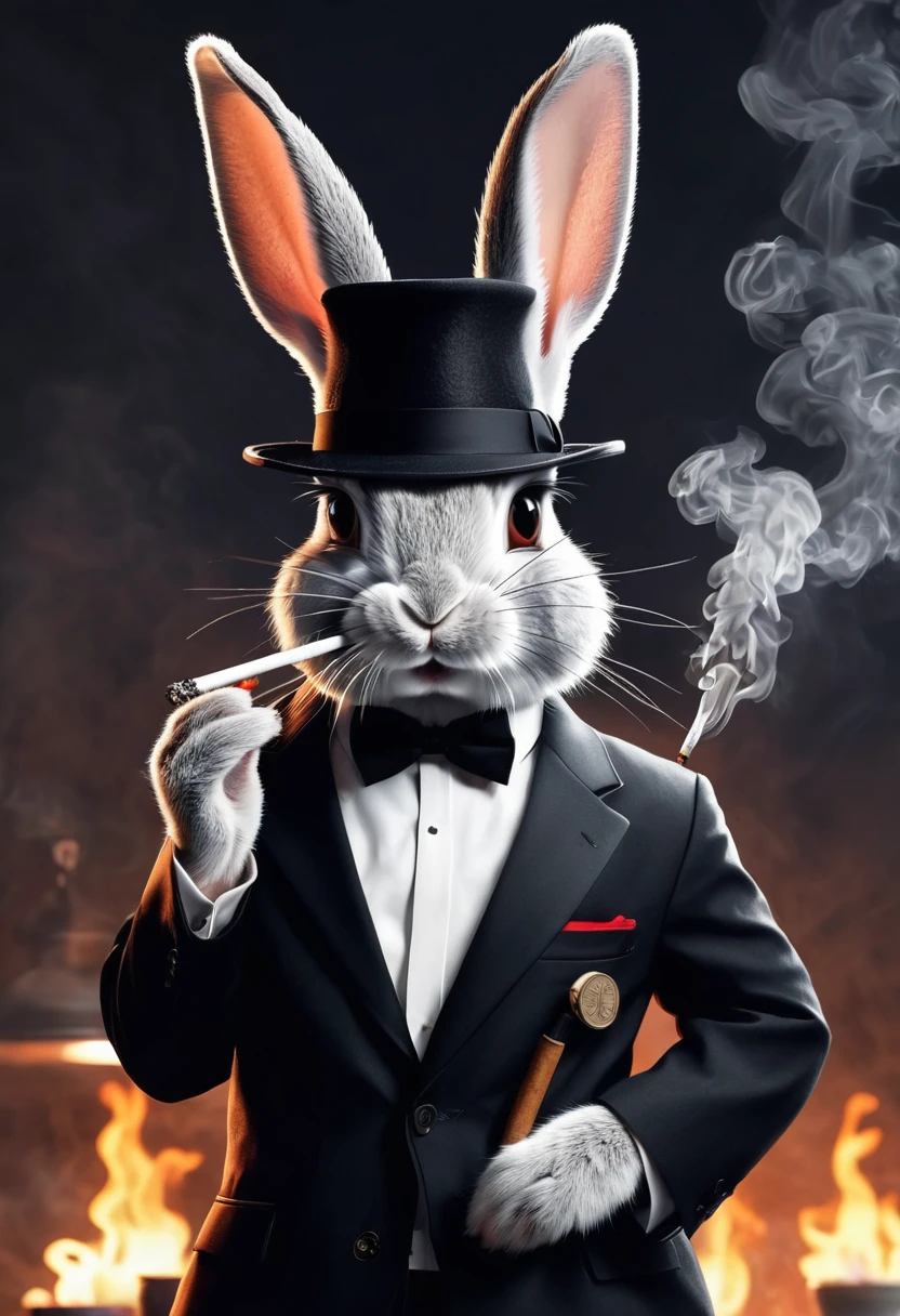 Bugs the rabbit in a mafia costume is smoking a cigarette in one hand and a pot in the oth