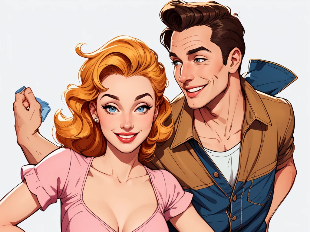 Happy man and woman couple with beautiful smile Cartoon style digital illustration white background PIN UP style 40s clothes on the couple