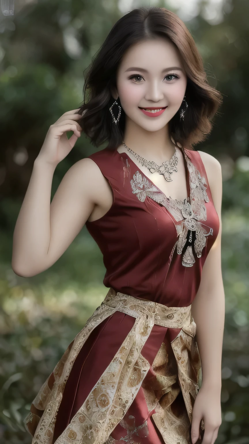 (realistic:1.3), insane detailed, quality, (masterpiece:1.2), (photorealistic:1.2), (best quality), (detailed skin:1.3), (intricate details), ray tracing, ((half body)), (((1girl))), (((1 person))), 20 years old, short hair, smile, red dress, skirt with pattern, color contrast between the dress and the skirt, skirt pattern, earrings, necklace, Javanese ornament, (blurred background)