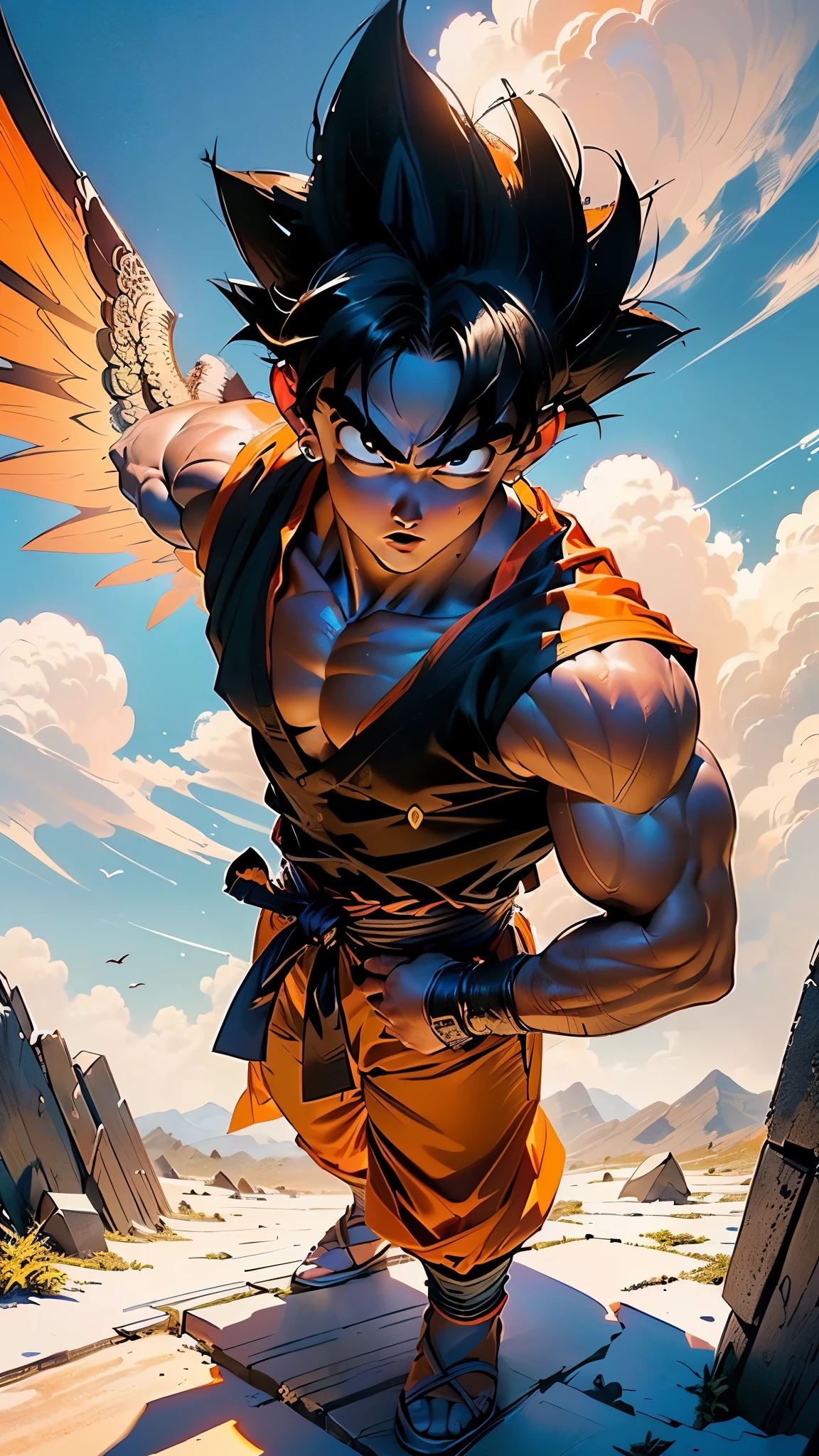 (((Son Goku))),((dragon ball,dragon ball z,young man,male,1boy,male focus,((muscular,muscular male)),(black hair,short hair,goku hair:1.5,spiked hair:1.3),(((black_eyes:1.3))),intricate eyes,beautiful detailed eyes,symmetrical eyes,big eyes:1.5, man:1.5,(male,muscle,1boy, 1 boy,pectoral,man chest,),young,((1male,1 male,1man,man,male gender:1.5)),((muscular body:1.4, broad shoulders:1.2, strong arms:1.2, thin waist, collarbone:1.5)),((((feathered wings,white wings,angel wings,wings,halo)))),

smile, 

collarbone,((dougi,orange dougi)),(orange pants,pants,pants tucked in,(bulge on pants)),(sash,blue sash,martial arts belt),(blue shirt,blue shirt under dougi,blue undershirt),(blue wristband),((oranga and dark blue clothing:1.2, orange tunic, dark blue undershirt, orange pants)),


((outdoors:1.2, fluffy clouds, sky blue scenery:1.5, sky background:1.4, flying nimbus:1.2)),
((standing:1.2, waving arm:1.1, on top small yellow cloud:1.4, on top flying nimbus)),

(dynamic pose:1.0),serious and thoughtful,man embarrassed,(centered,scale to fit dimensions,Rule of thirds),

((outdoors:1.2, fluffy clouds, sky blue scenery:1.5, sky background:1.4, flying nimbus:1.2)),((floating in the clouds, sky and clouds background)),scenery:1.25,((intricate scenery)),

(Glossy holy ornaments),highres,sharp focus,(ultra detailed,extremely detailed),(photorealistic artwork:1.37),(extremely detailed CG unity 8k wallpaper),(((vibrant colors,vibrant theme))),(intricate),(masterpiece),(best quality),artistic photography,(photography taken by sldr),(intricate background),perfect rendered face,perfect face details,realistic face,photo realistic,((intricate detail)),(((realism))),

