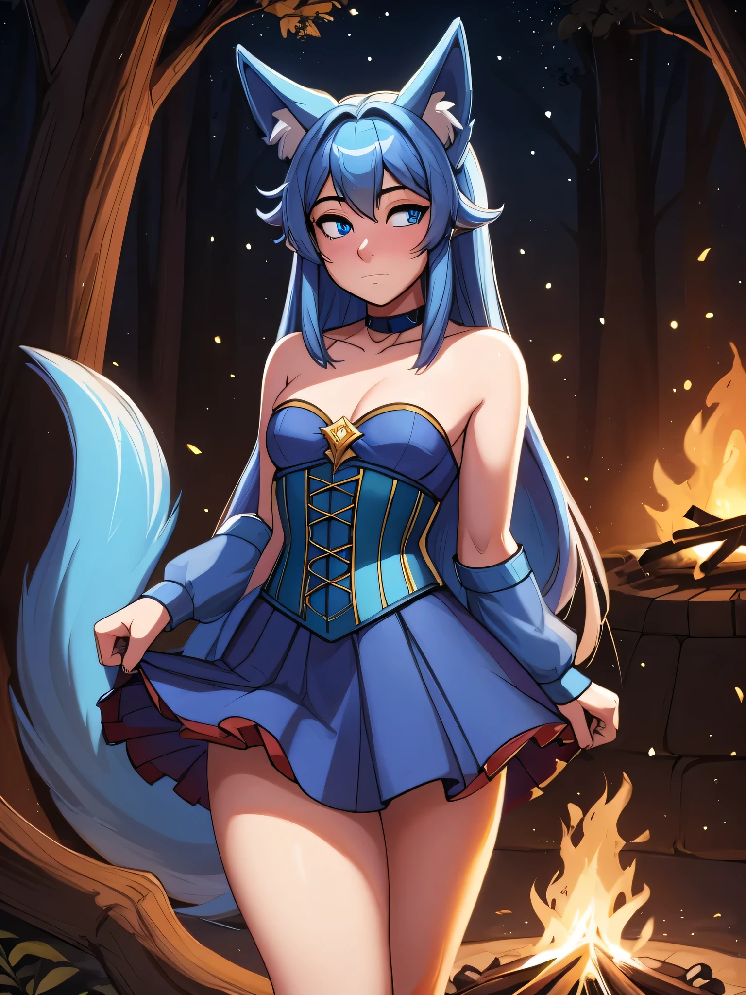 (Masterpiece) (High Detail) (High Res) A close up of A Short Humanoid Girl with pale human skin and blue eyes and long blue straight hair and blue dog ears and a fluffy blue dog tail and small breasts. She is wearing a large navy blue princess dress with gold trim with a tight corset and large skirt and a golden crown. She is stood in the woods at night next to a large campfire. She looks shy.