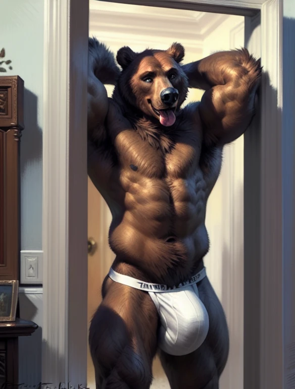 anthro (bear), male, muscular, solo, abs, ((athletic build)), jockstrap, massive bulge, five fingers, correct hands, natural pose, standing, frat boy, tongue out, detailed background, ((bedroom)), blue eyes, ((bare torso)), smile ((by taran fiddler)), grabbing bulge, (realistic fur, detailed fur texture:1.2), hyperrealistic, ultradetailed, ((standing in doorway)), one arm over head, natural lighting