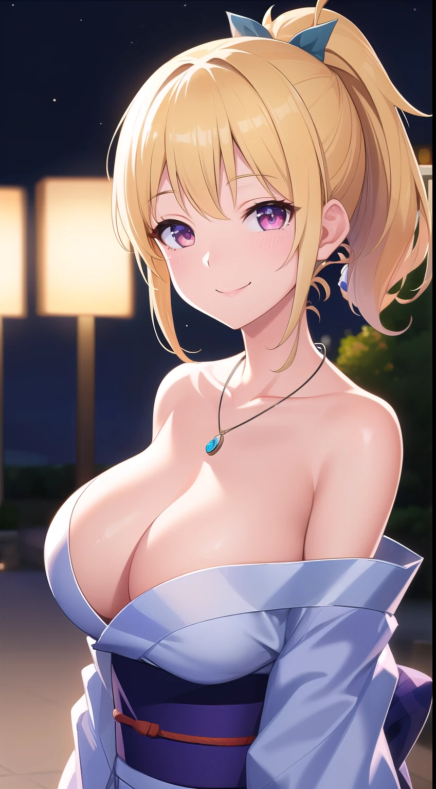 (best quality:1.5, highres, UHD, 4K, detailed lighting, shaders), blonde ponytail, necklace, large breasts, off shoulder yukata, cleavage, smiling, close shot, night background