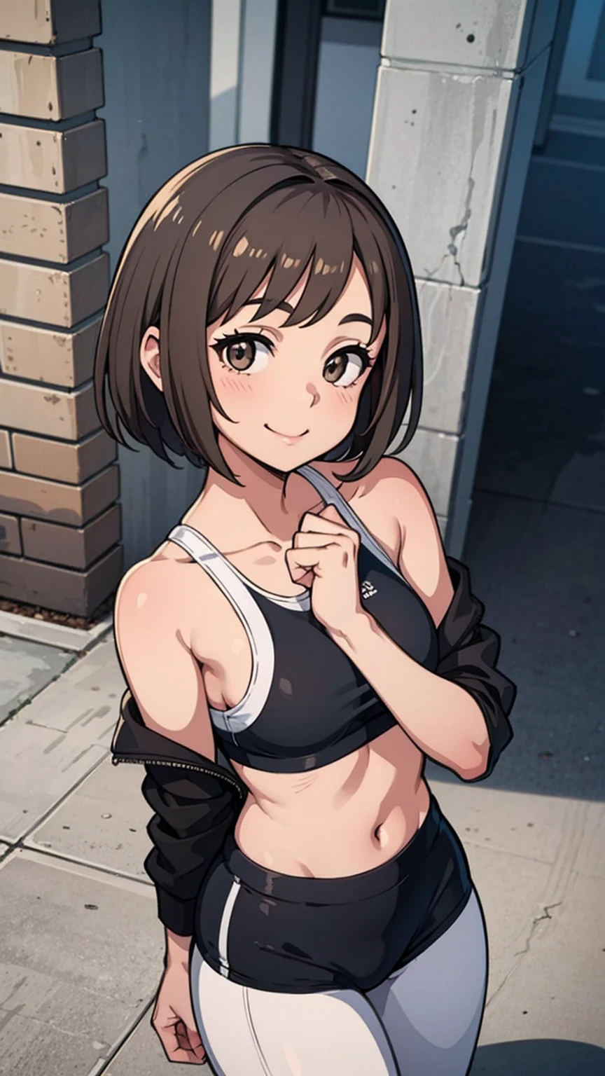 best quality, 1girl adult, pale skin, dark brown hair, medium hair, ponytail hair, grey eyes, big breasts, black exercise shorts, bikini top