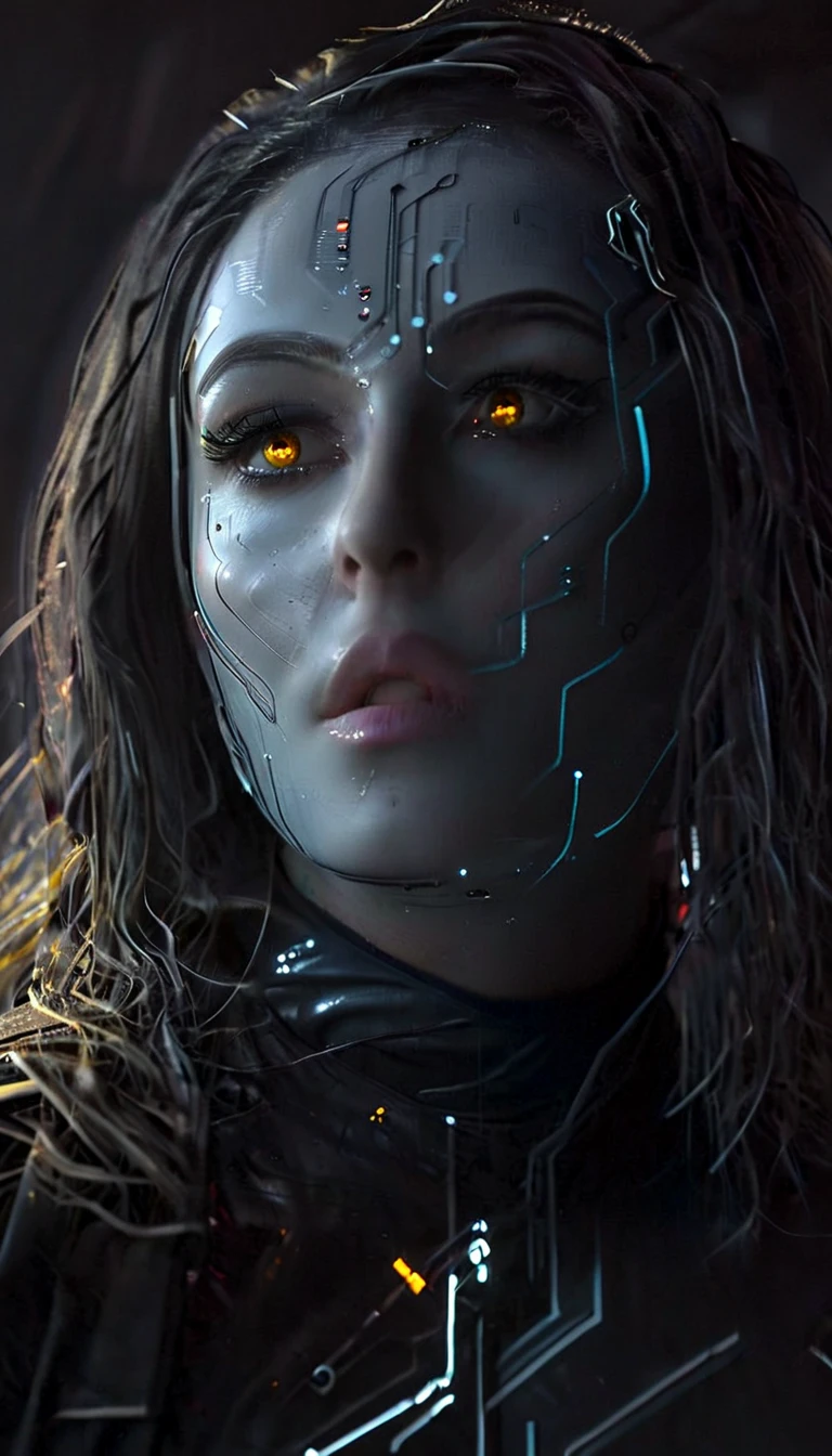 battle damage , missing arm ,bright yellow eyes, ultra-detailed,vibrant colors,sci-fi,portrait,dramatic lighting,detailed facial features,dark background,long hair,glowing eyes,futuristic clothing,expressionless face,metallic texture,bright highlights,high contrast,radiant colors,artificial intelligence theme,sharp focus,technological elements,shadows and highlights,ethereal glow,neon lights,stormy atmosphere,otherworldly setting,unconventional composition,sharp lines,sleek design,mysterious atmosphere,unearthly beauty,digital enhancements,advanced technology,glowing circuitry,abstract background,ominous presence,subtle reflections,energetic pose,unique perspective,foreshortening effect,symmetrical composition,imposing presence,dynamic energy,striking visual impact,translucent overlays,organic and mechanical fusion.