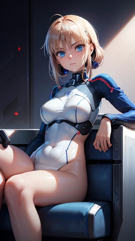 N Radio Wave, 1 girl, alone, robot, cyborg, Very obvious, simple background, blue eyes, Front view, belly button, sitting in a chair, looking at the viewer, student, Big eyes, realistic, white background, Please dress,