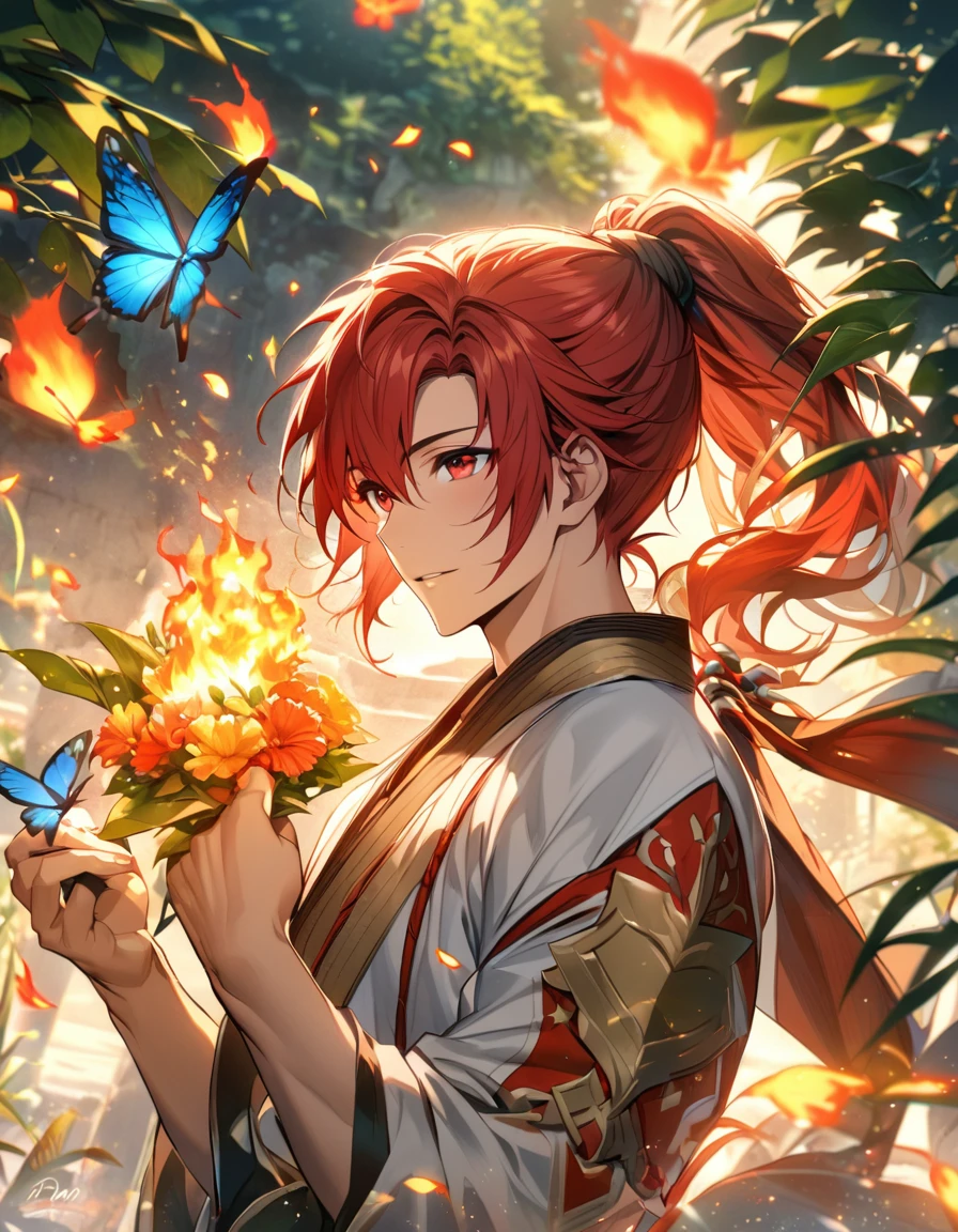 Ultra detailed, highres, absurdres, HDR, Subaki, red hair tied in a ponytail, red eyes, Fire Emblem, green leaves, flowers and petals, summer, 1 man only, handsome, butterflies