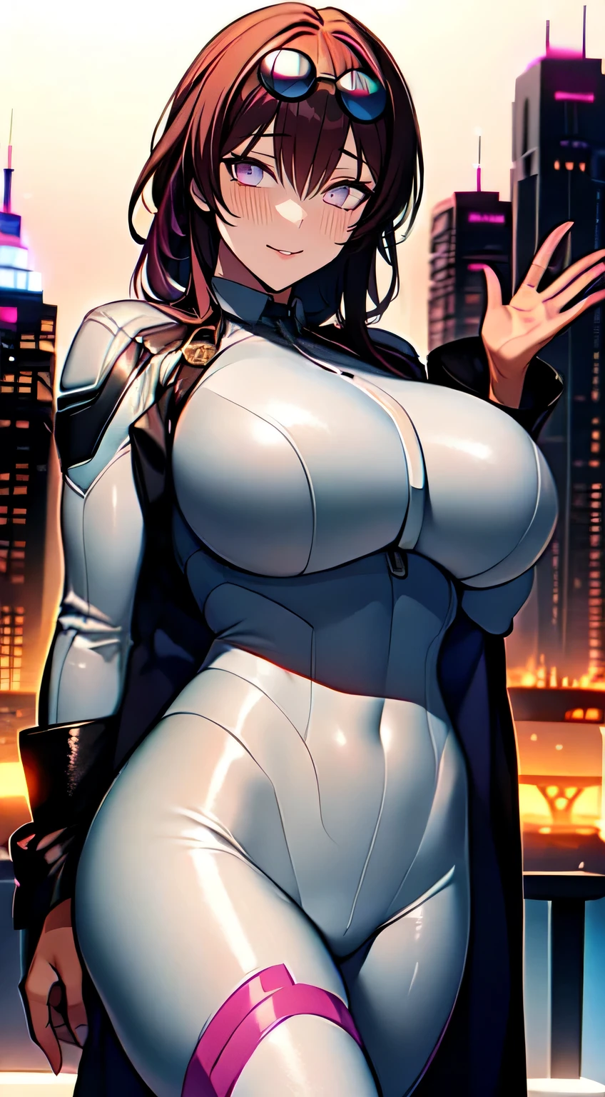 masterpiece, highest quality, very detailed, anime art style, 1 girl, Mature Femla, alone, (dark brown skin:1.6), kafka, (huge breasts:1.2), ((pink hair, long hair, purple eyes)), parted lips, (((Tronware, white bodysuit))), light smile, Are standing, ((futuristic cityscape))