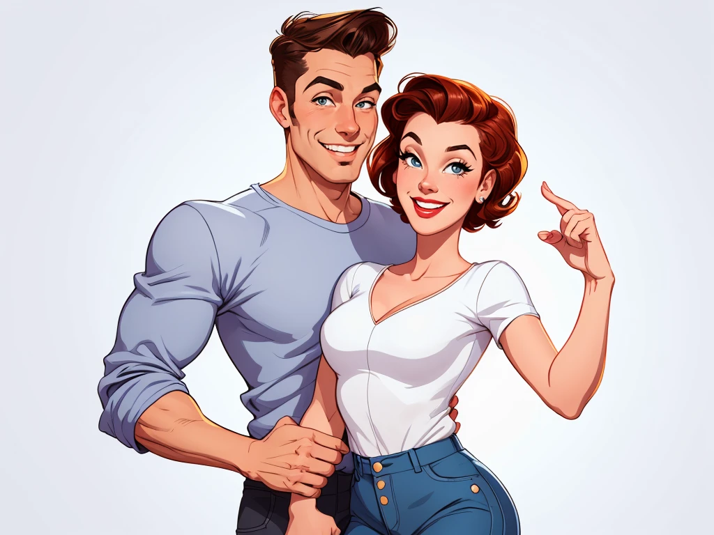 Happy man and woman couple with beautiful smile Cartoon style digital illustration white background PIN UP style 40s clothes on the couple
