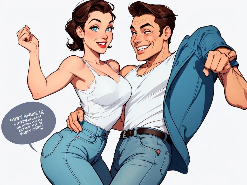 Happy man and woman couple with beautiful smile Cartoon style digital illustration white background PIN UP style 40s clothes on the couple