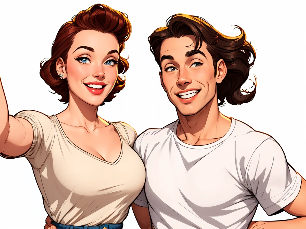 Happy man and woman couple with beautiful smile Cartoon style digital illustration white background PIN UP style 40s clothes on the couple